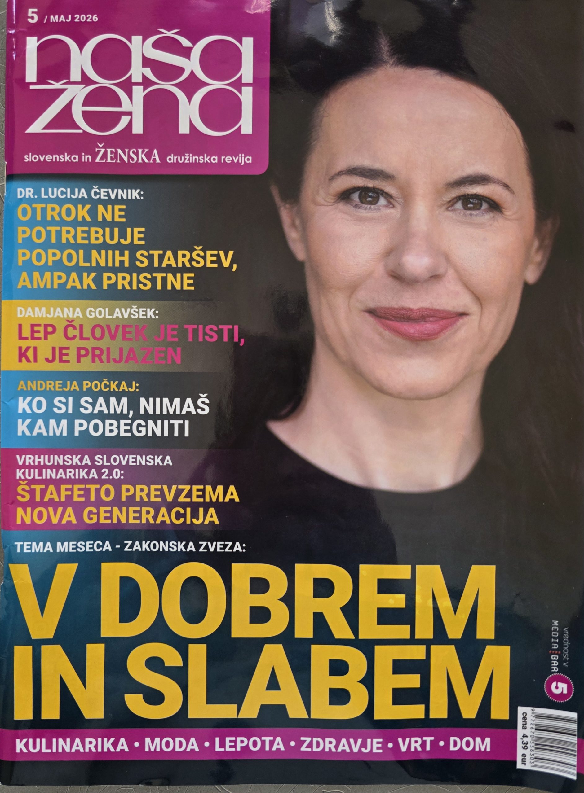Naslovnica revije Naša žena maj 2026 z naslovom V dobrem in slabem in intervjujem z dr. Nado Mirnik